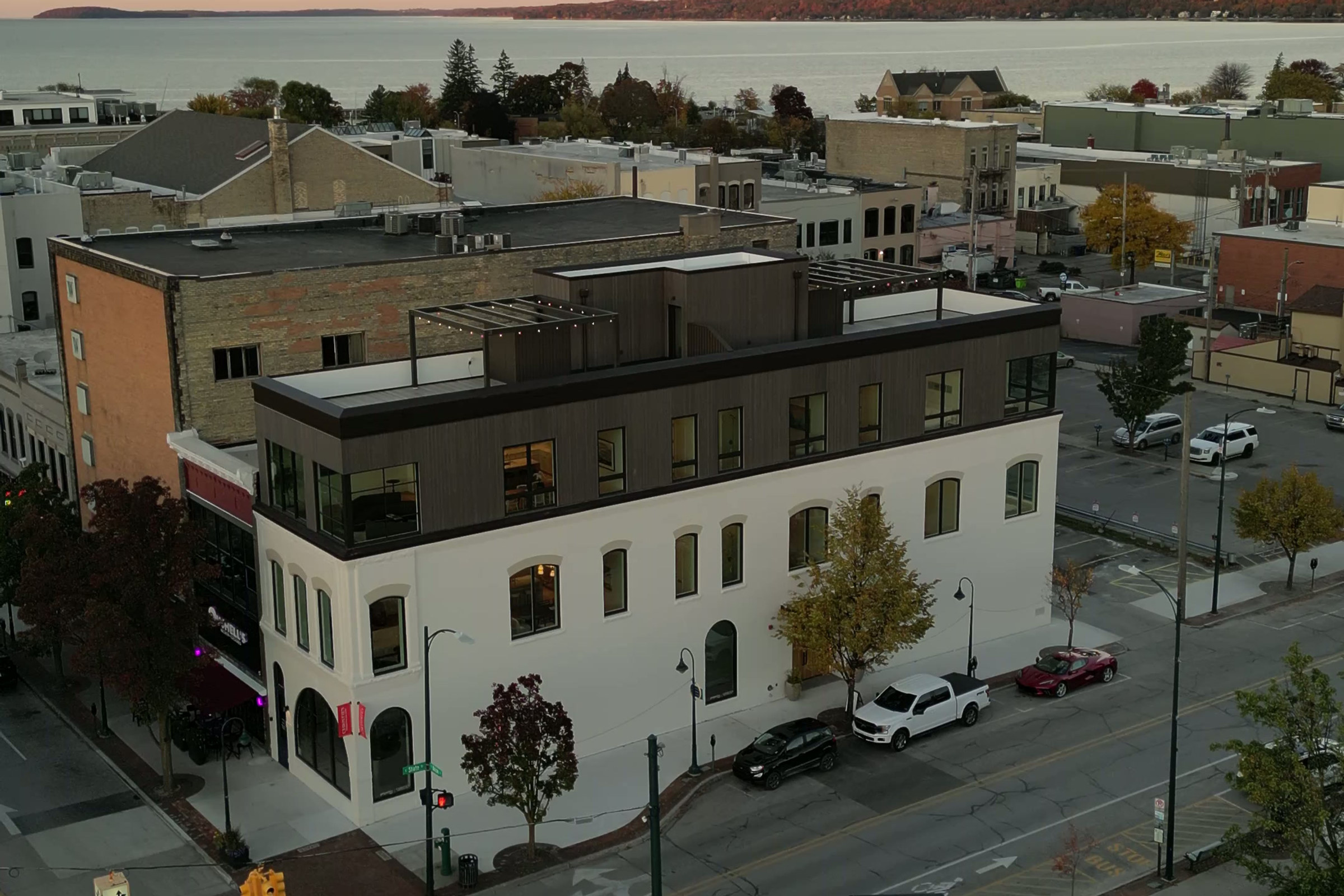 WRG mixed-use development in downtown Bay City, Michigan at dusk