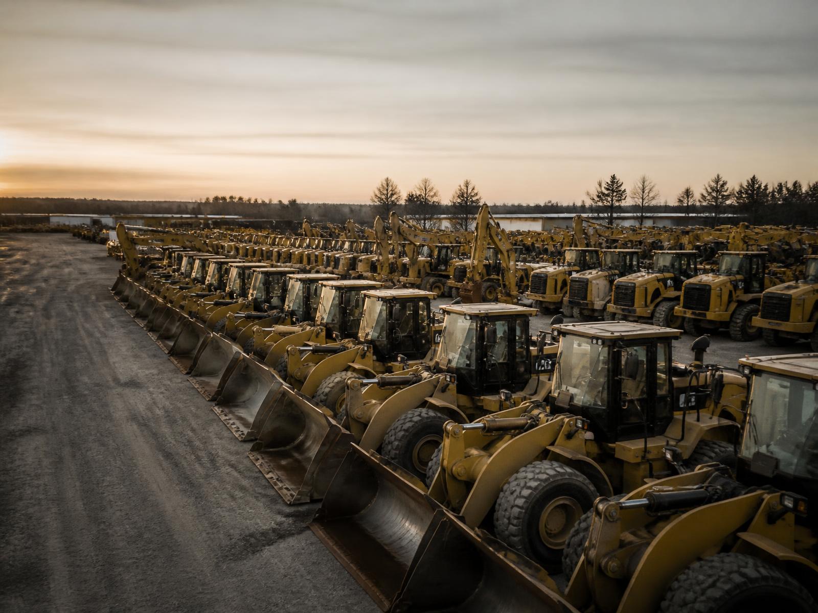 Fleet of heavy construction equipment lined up on a contractor yard at dawn