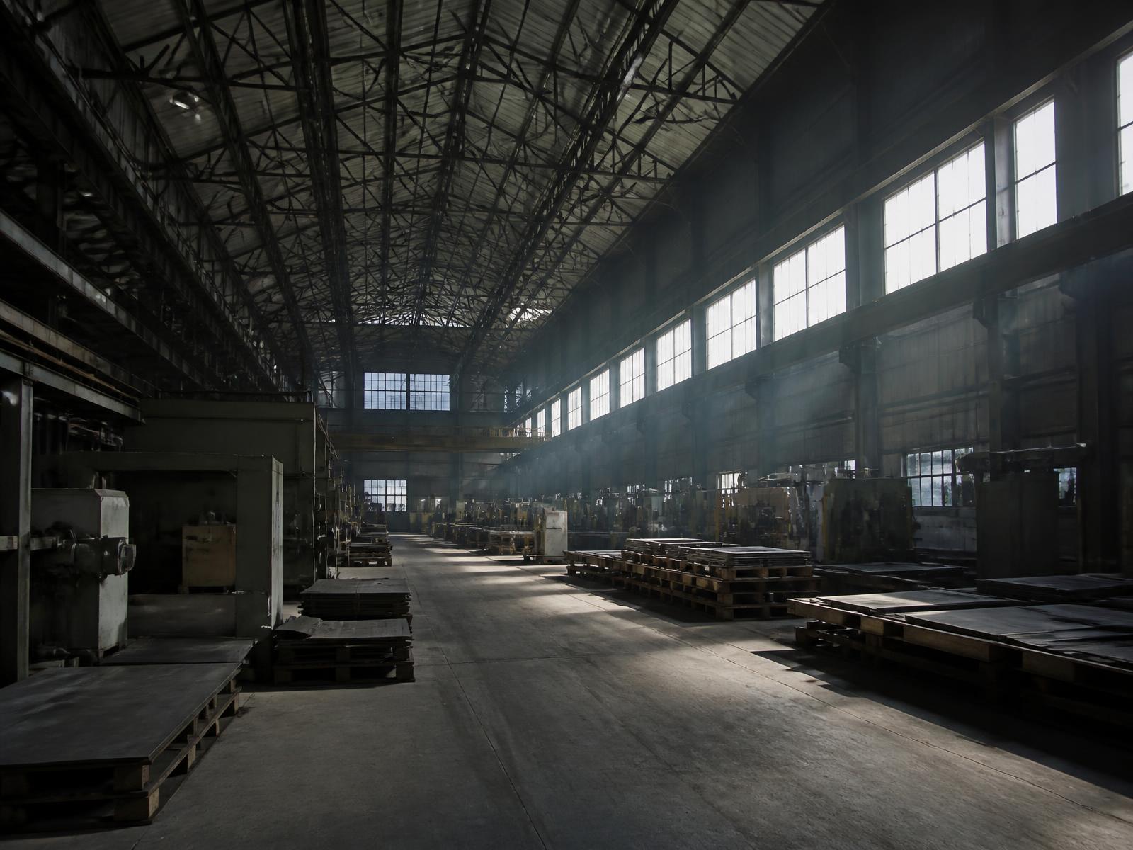 Interior of an American light-manufacturing plant under raking daylight